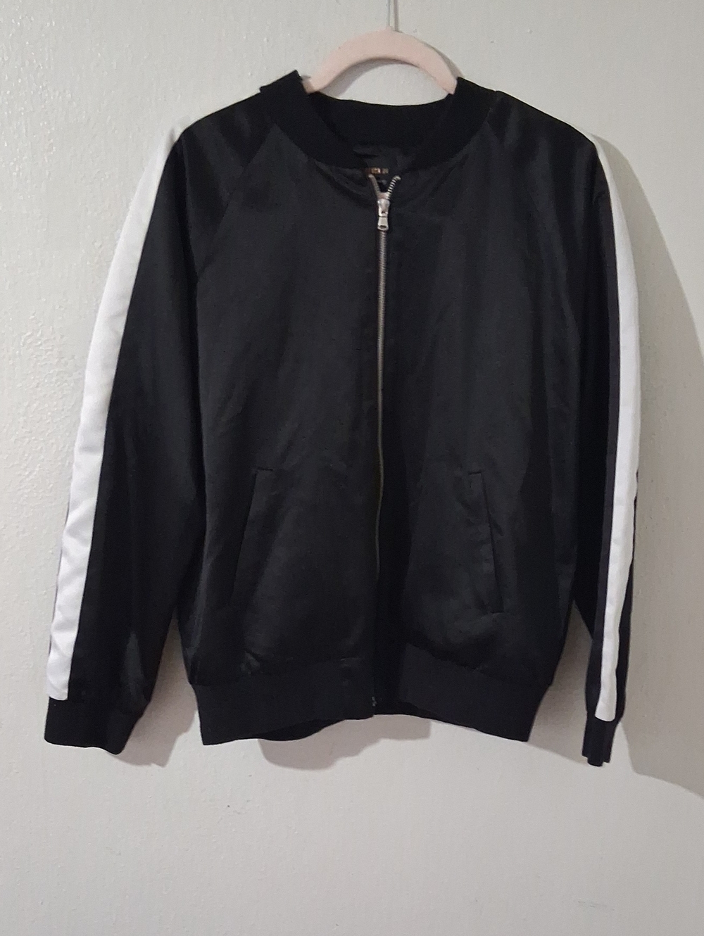 Black Bomber Jacket with White Sleeve Stripes Floral Stitching On Back